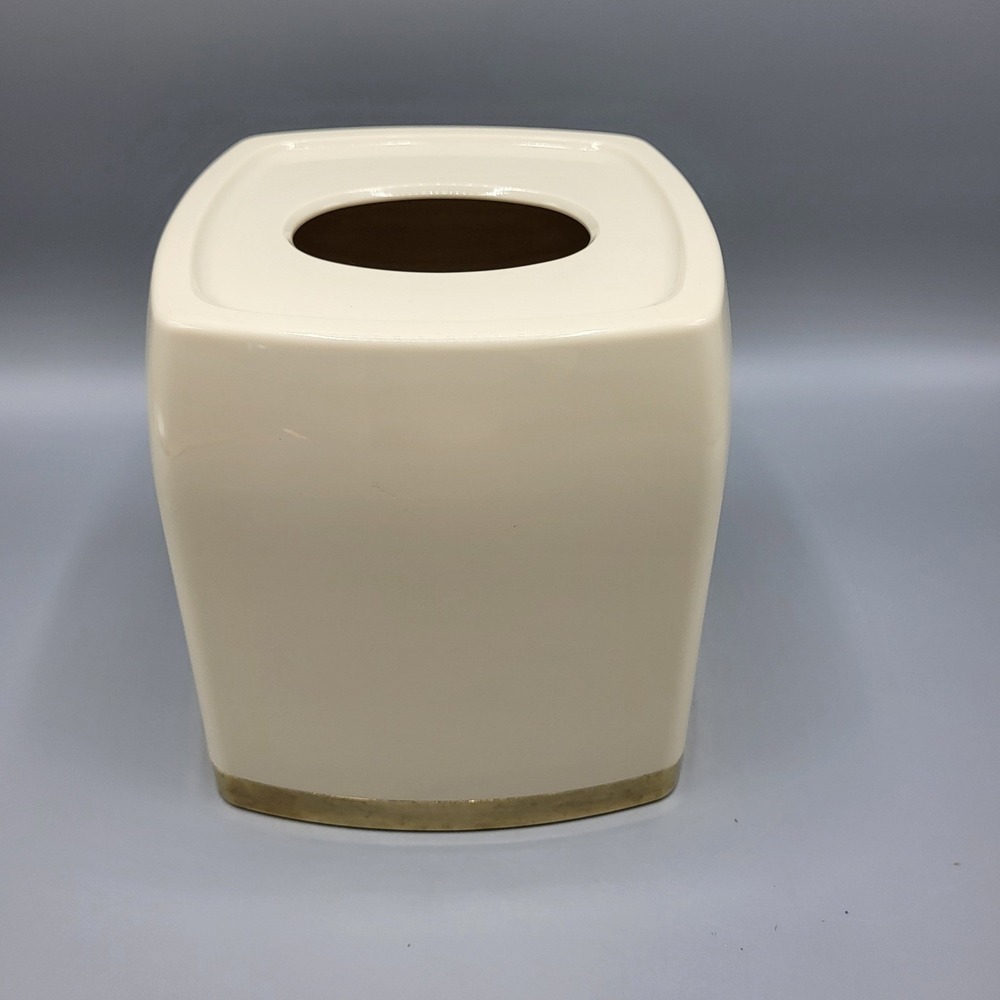 Tissue Box Cover Home Decor Square Plastic Gold Trim Cream Bathroom Decor